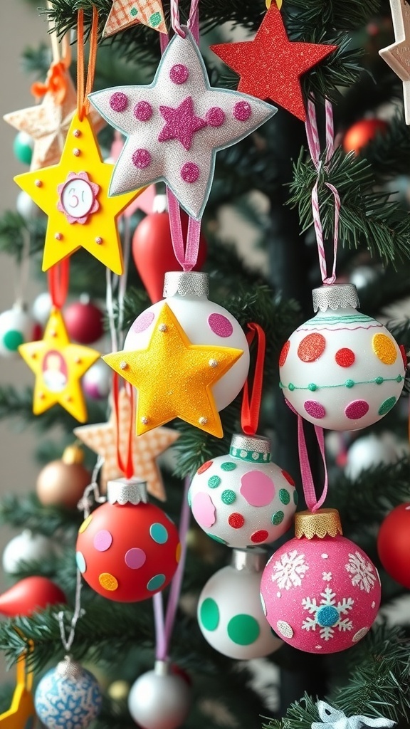 Handmade Christmas ornaments in various shapes and colors hanging on a decorated tree.